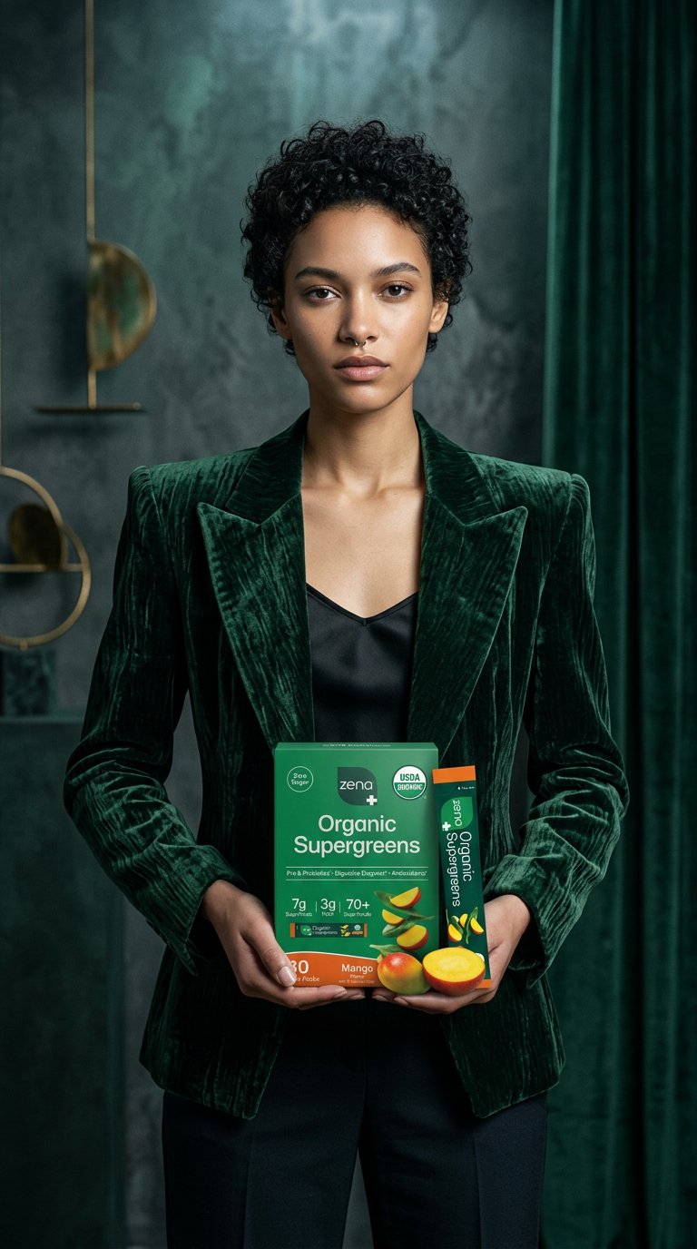 AI product shot of Zena Nutrition Organic Supergreens Powder - Mango