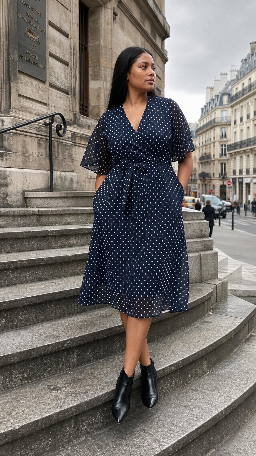 AI product shot of Belted polka dot faux half wrap dress