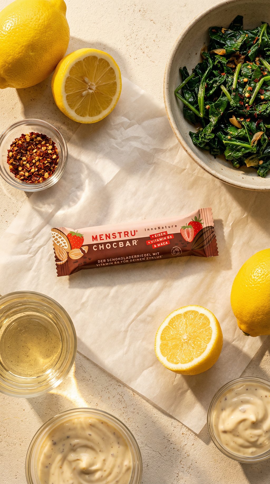 AI product shot of Menstru® Chocbar: Veganer Schokoladenriegel mit Vitamin B6, Eisen und Maca