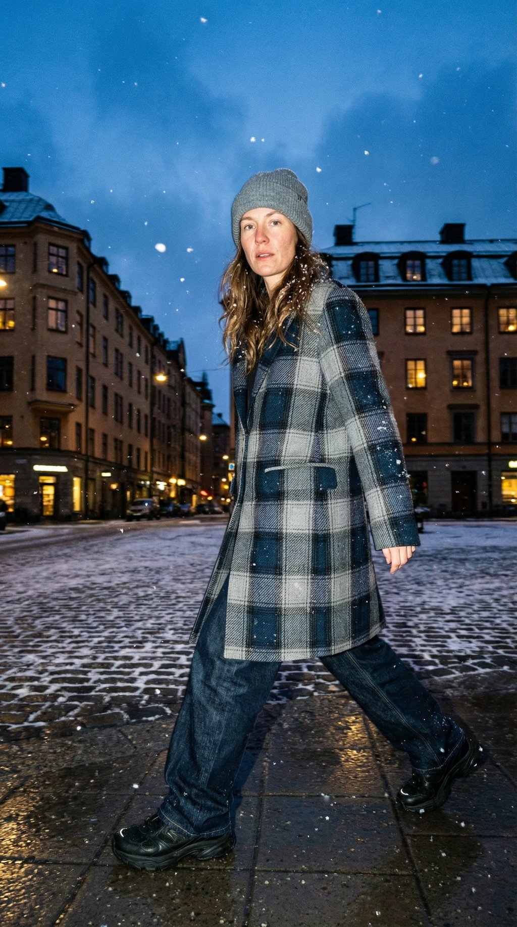 AI product shot of Acne Studios Oversized Plaid Wool Blend Coat in Navy, Grey & Green size US38