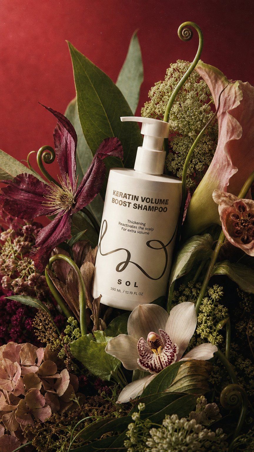 AI product shot of Keratin Volume Boost Shampoo