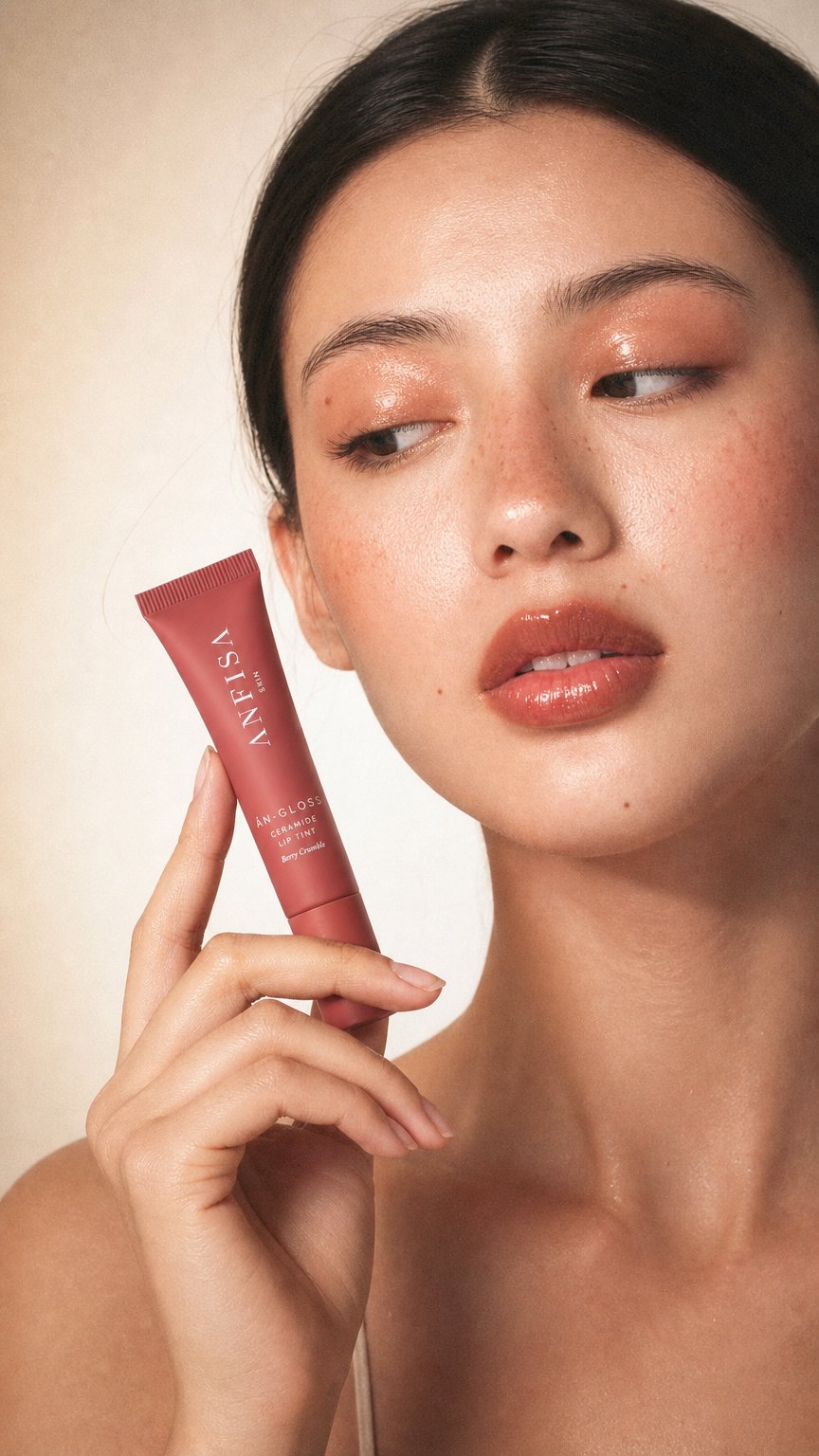 AI product shot of ÂN-GLOSS Ceramide Lip Trio