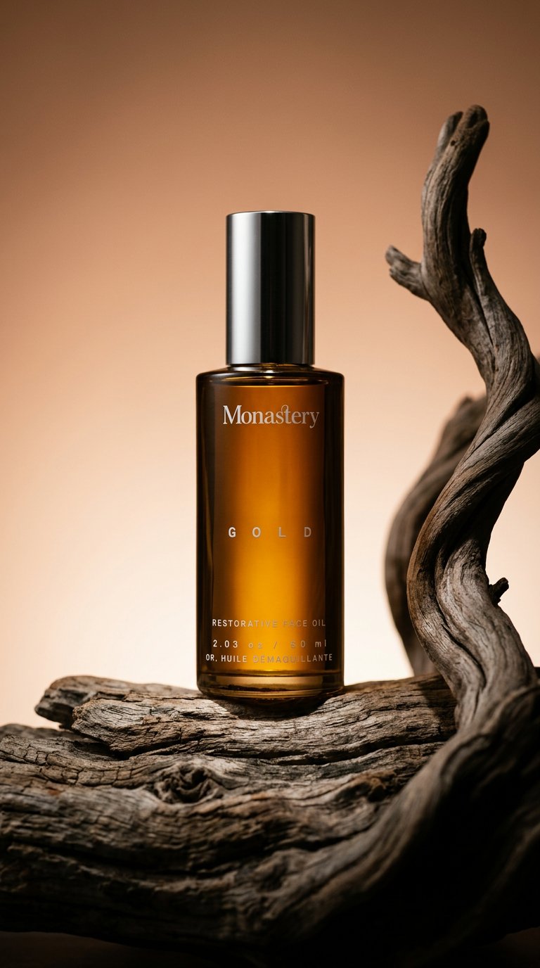 AI product shot of MONASTERY Gold Restorative Face Oil