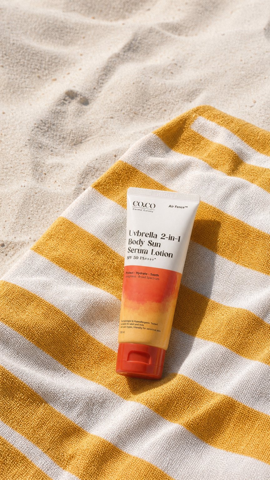 AI product shot of Uvbrella 2-in-1 Body Sun Serum Lotion SPF 50 PA++++