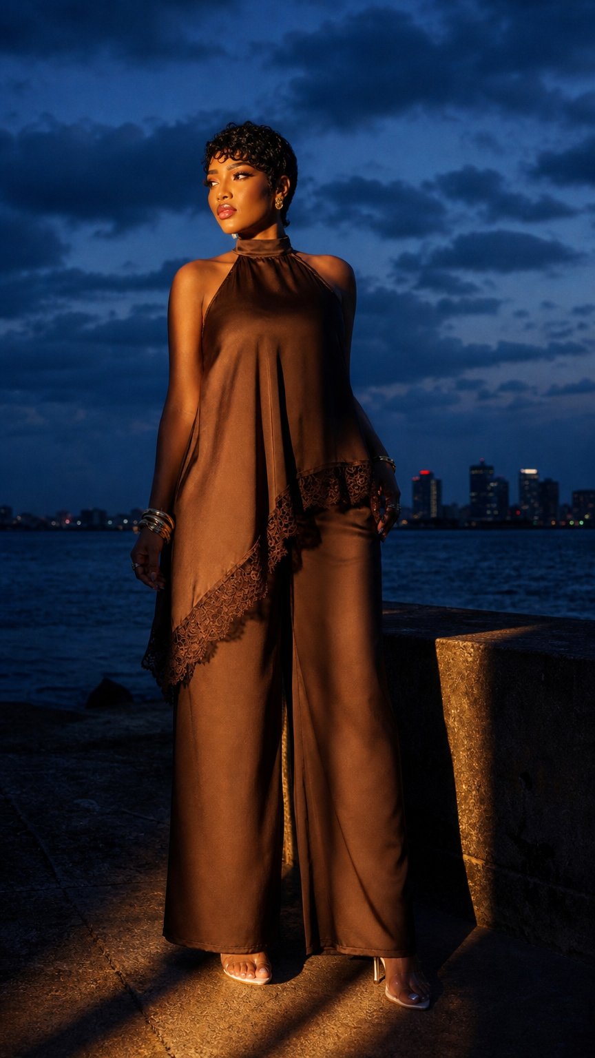 AI product shot of Ensemble asymétrique en satin et dentelle