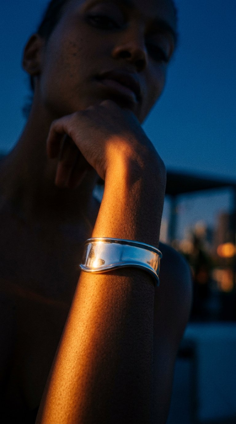 AI product shot of Silver Wave Cuff Bracelet