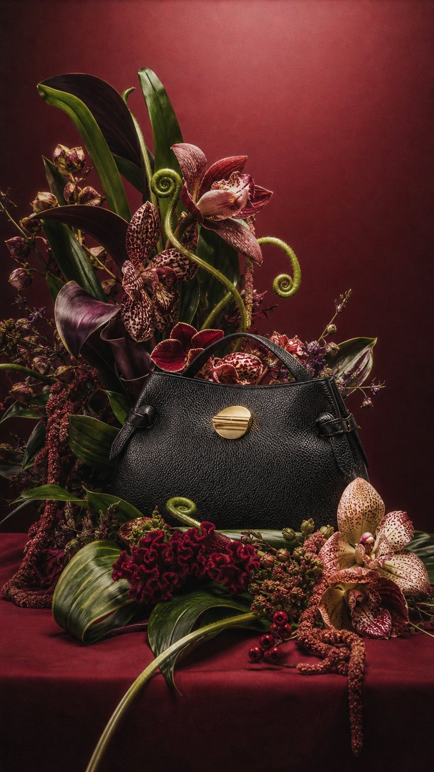 AI product shot of Borsa Livia in Vera Pelle Martellata Nera con Chiusura Disco Malachite