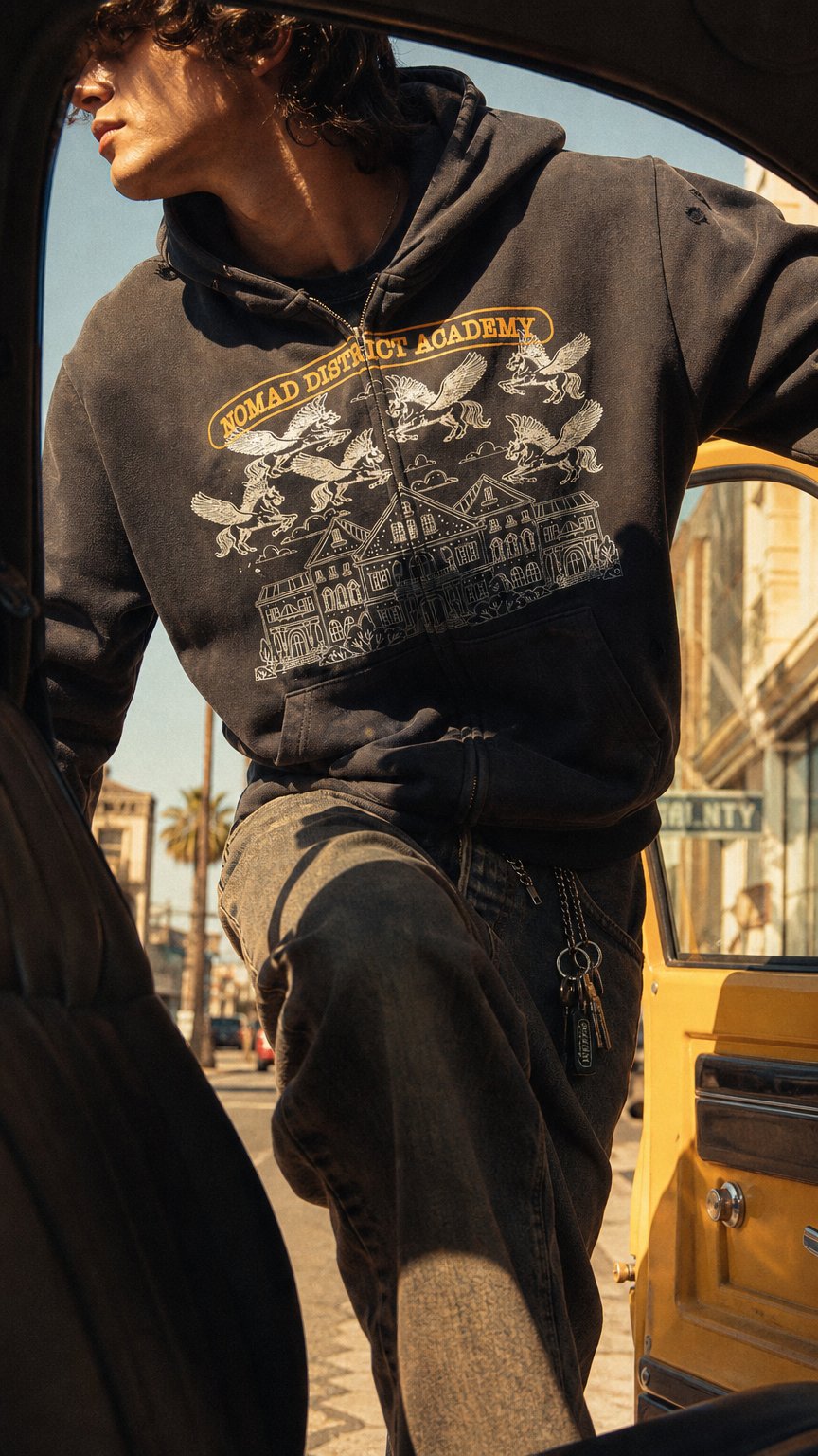 AI product shot of Nomad District Academy Zip Up Hoodie Black