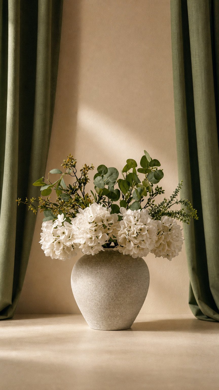 AI product shot of Faux Arrangement - Eucalyptus & White Hydrangea