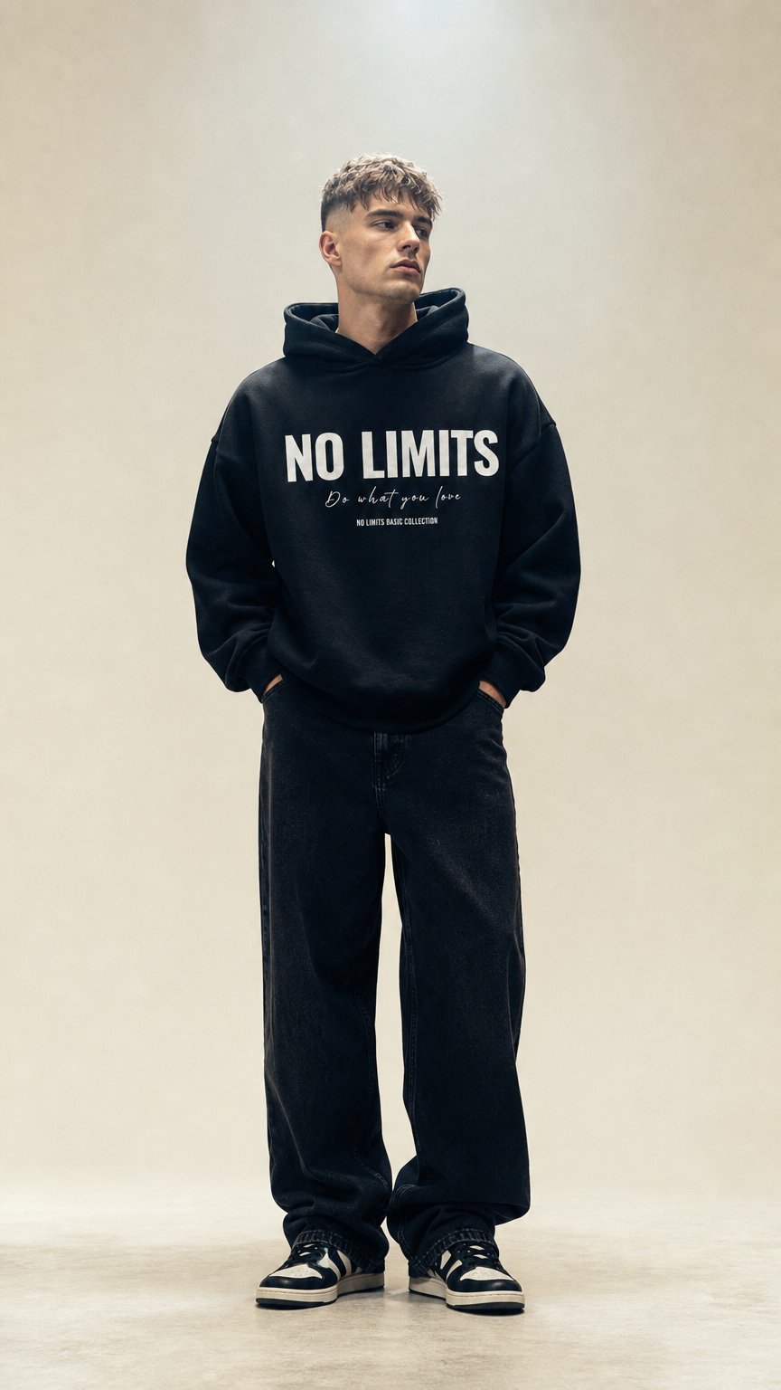 AI product shot of NOLIMITS BASIC HOODIE WHITE PRINT