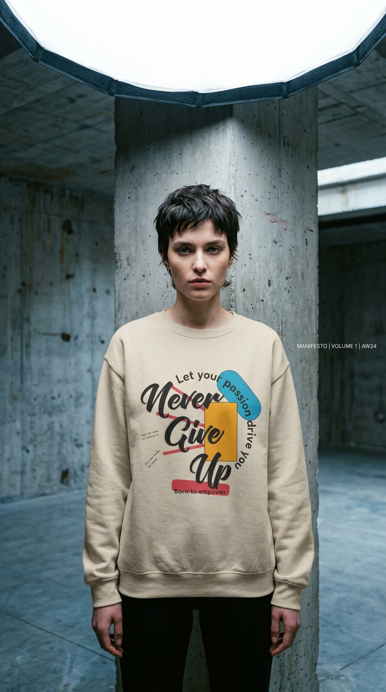 AI product shot of Sweatshirt Unisex NEVER GIVE UP
