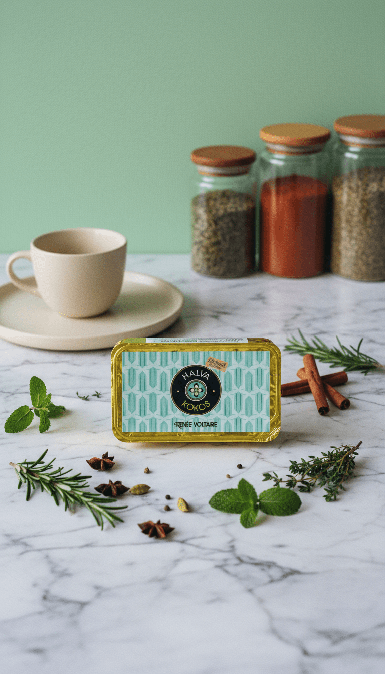 AI product shot of Renée Voltaire Halva Kokos 75g