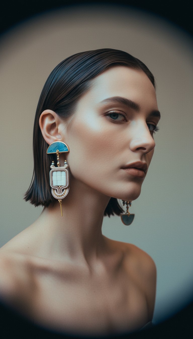 AI product shot of Soutache Dangle Earrings: Miyuki Tiles, Mother of Pearl, Beaded Statement Jewelry