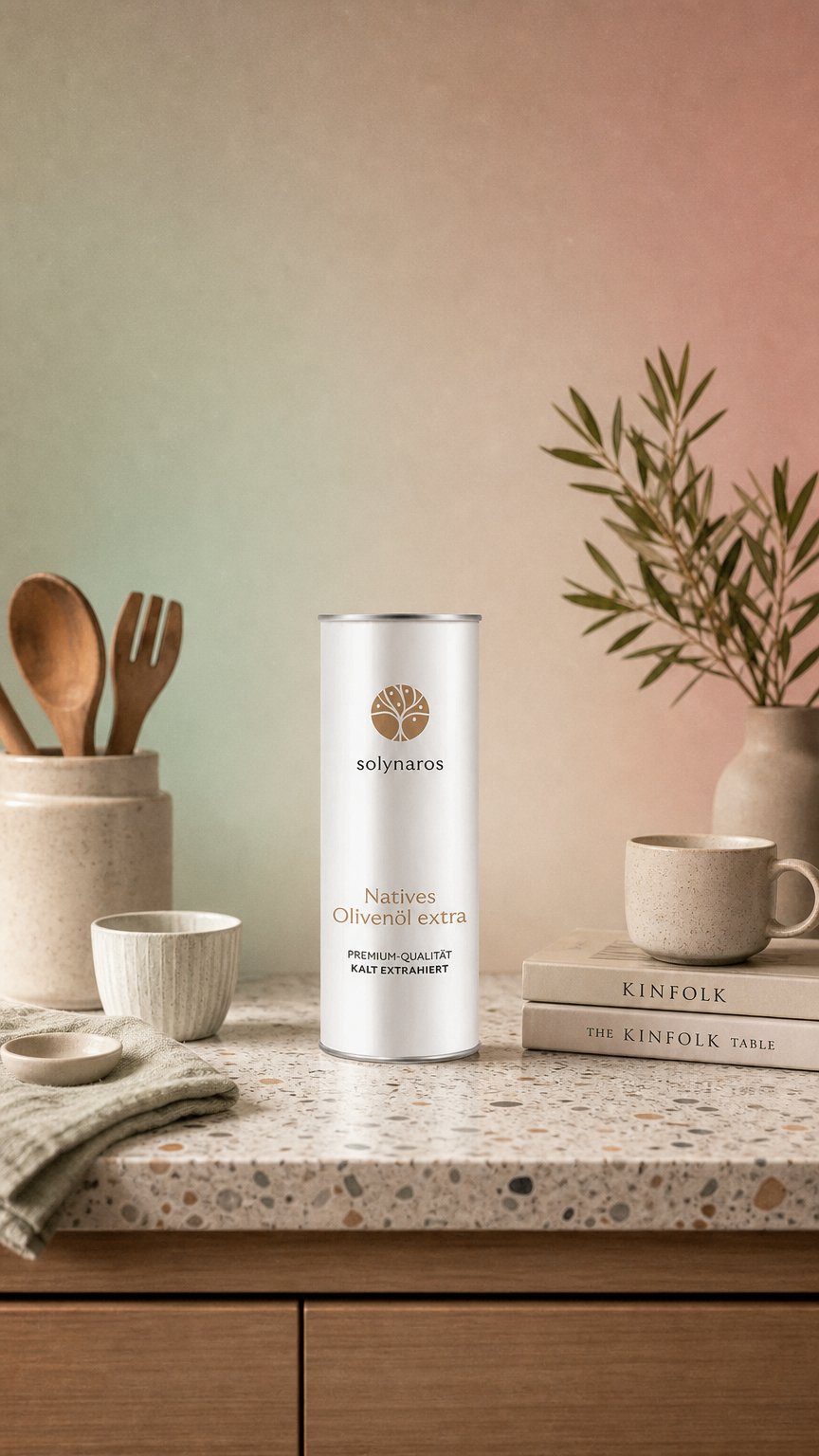 AI product shot of solynaros Natives Olivenöl extra 500 ml Dose