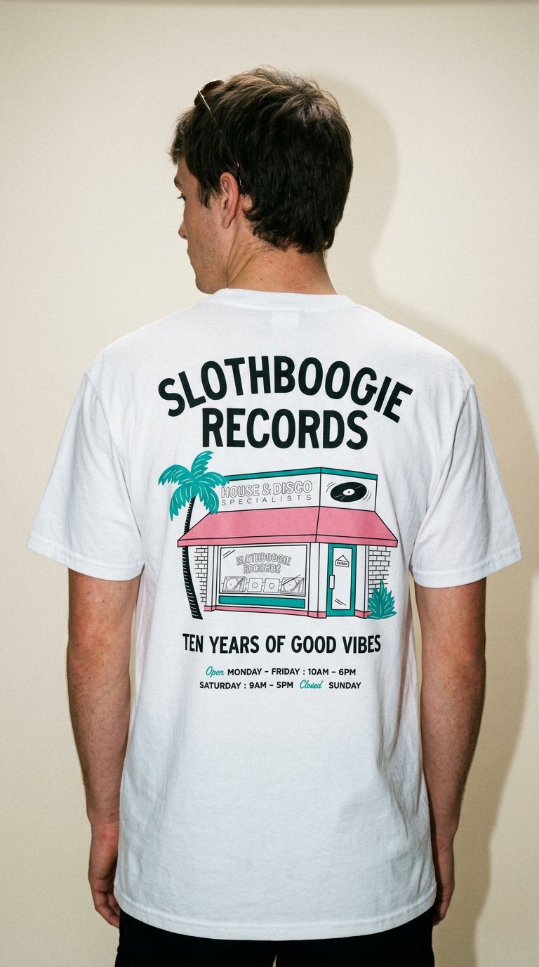AI product shot of SlothBoogie Record Store T-Shirt – White and Black