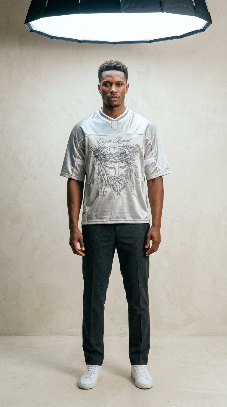 AI product shot of THE SILVER JESUS JERSEY