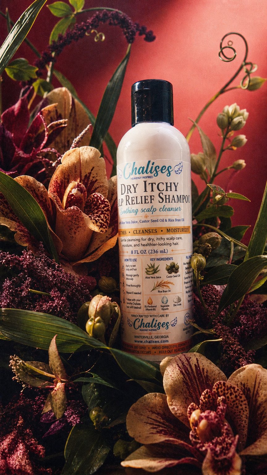 AI product shot of Dry Itchy Scalp Relief Shampoo | Chalises