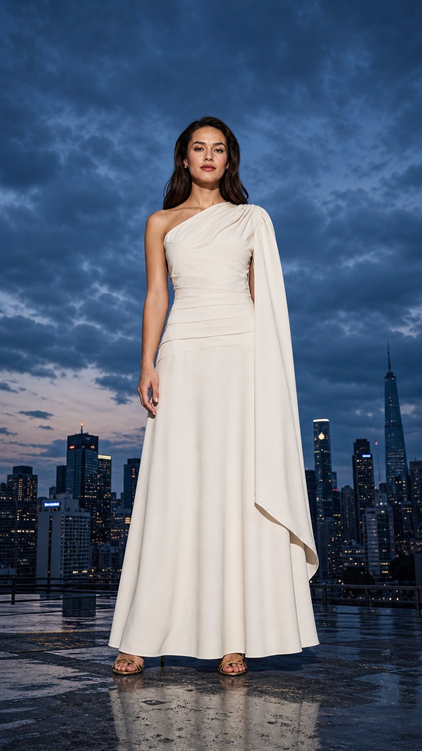 AI product shot of Ivory One Shoulder Sleeveless Crepe Dress