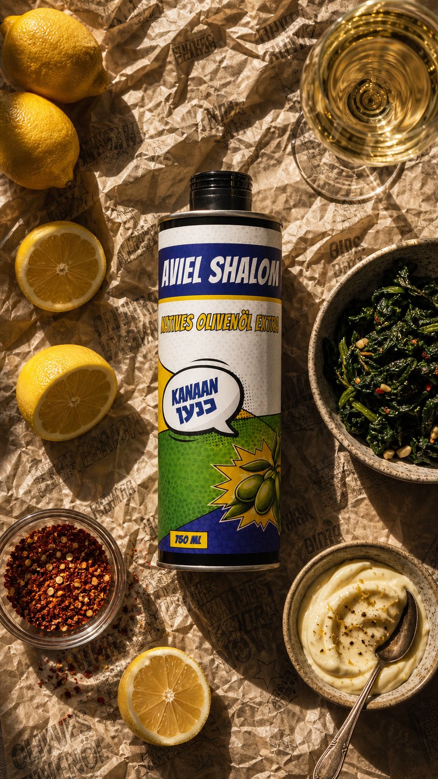 AI product shot of Canaan Olive Oil "Aviel-Shalom" 2026