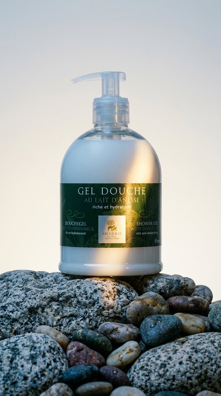 AI product shot of Gel Douche au lait d’ânesse 500ml