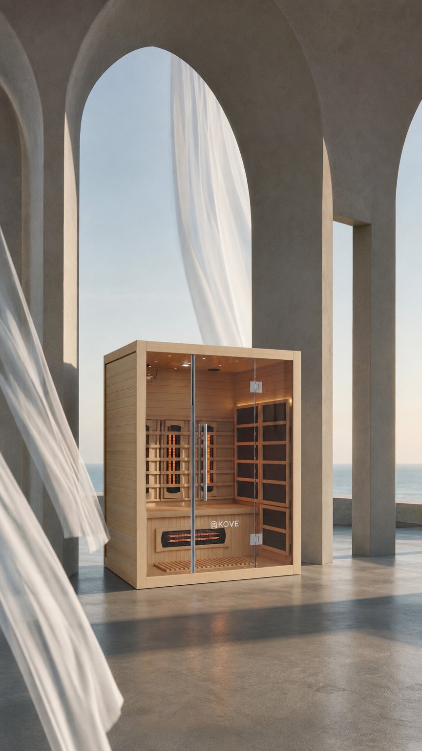 AI product shot of KOVE Full Spectrum Infrared Sauna – 3 Person