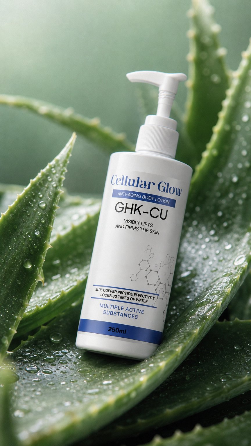 AI product shot of Cellular Glow Copper Peptide & Hyaluronic Acid Body Lotion