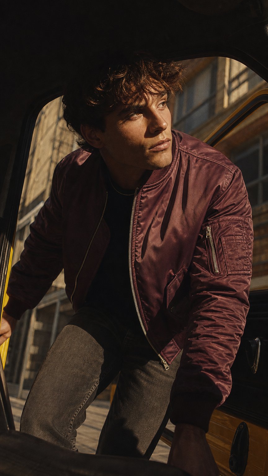 AI product shot of Leon Bomber Jacke – mit glänzender Satin-Optik und leichter Wattierung