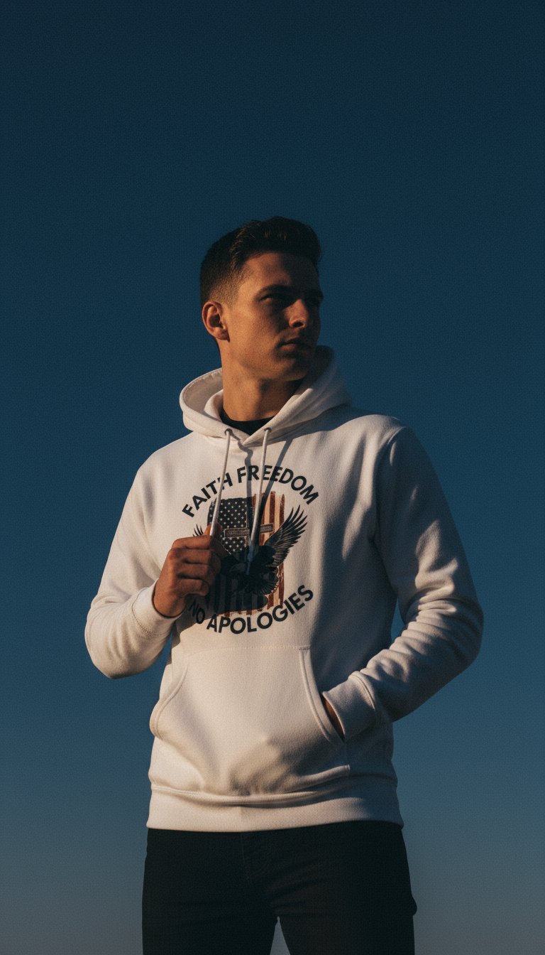 AI product shot of America First No Apologies Hoodie - Bold Patriotic Statement