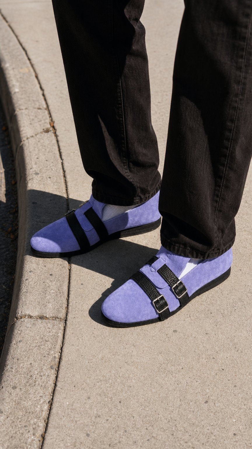 AI product shot of BELT SHOES WHITE LILAC