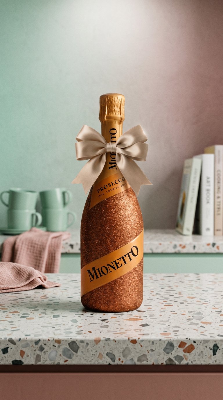 AI product shot of Mionetto Prosecco Prestige DOC Brut – Bronzová zdobená lahev