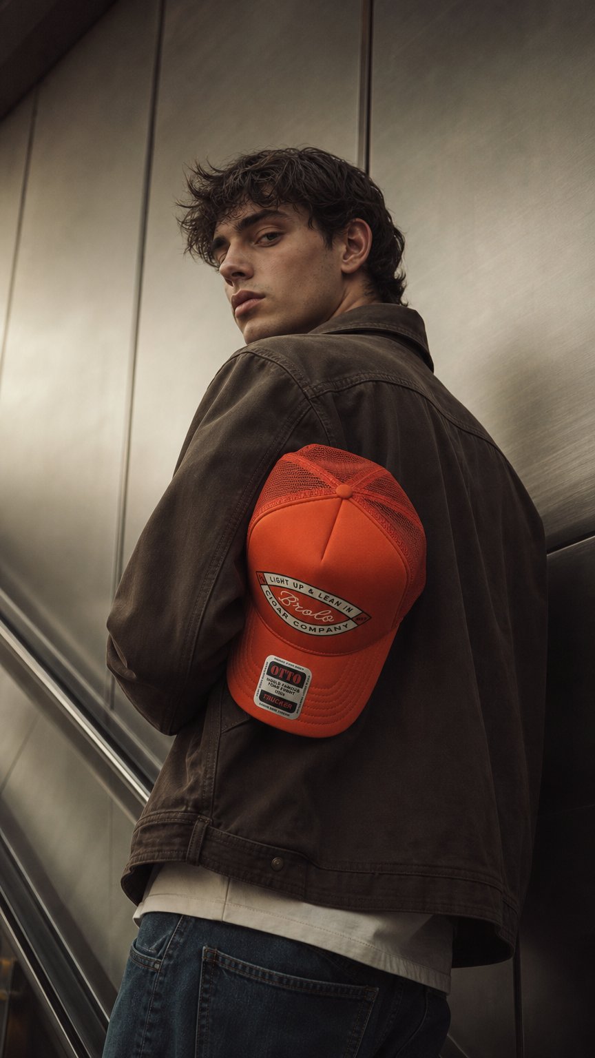 AI product shot of The Brolo Trucker *EMBER*