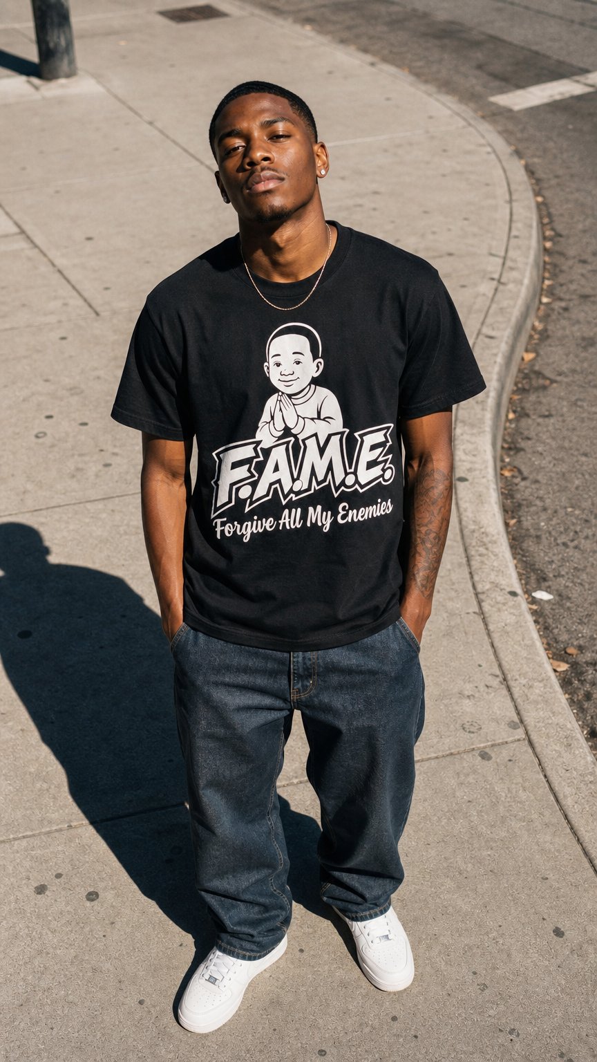 AI product shot of F.A.M.E Signature Tee