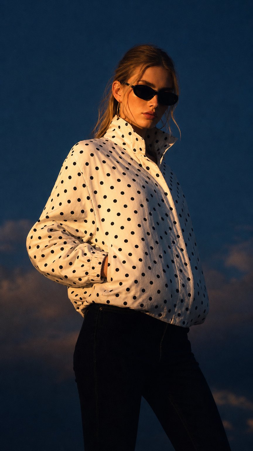 AI product shot of White Polka Dot Bubble Hem Zip Lightweight Jacket