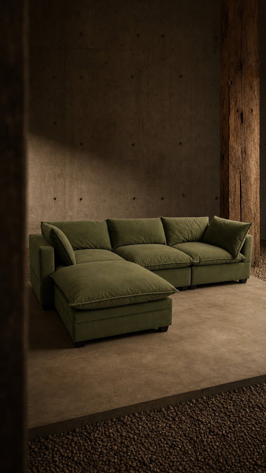 AI product shot of Olive Green Velvet Cloud Sova Sectional