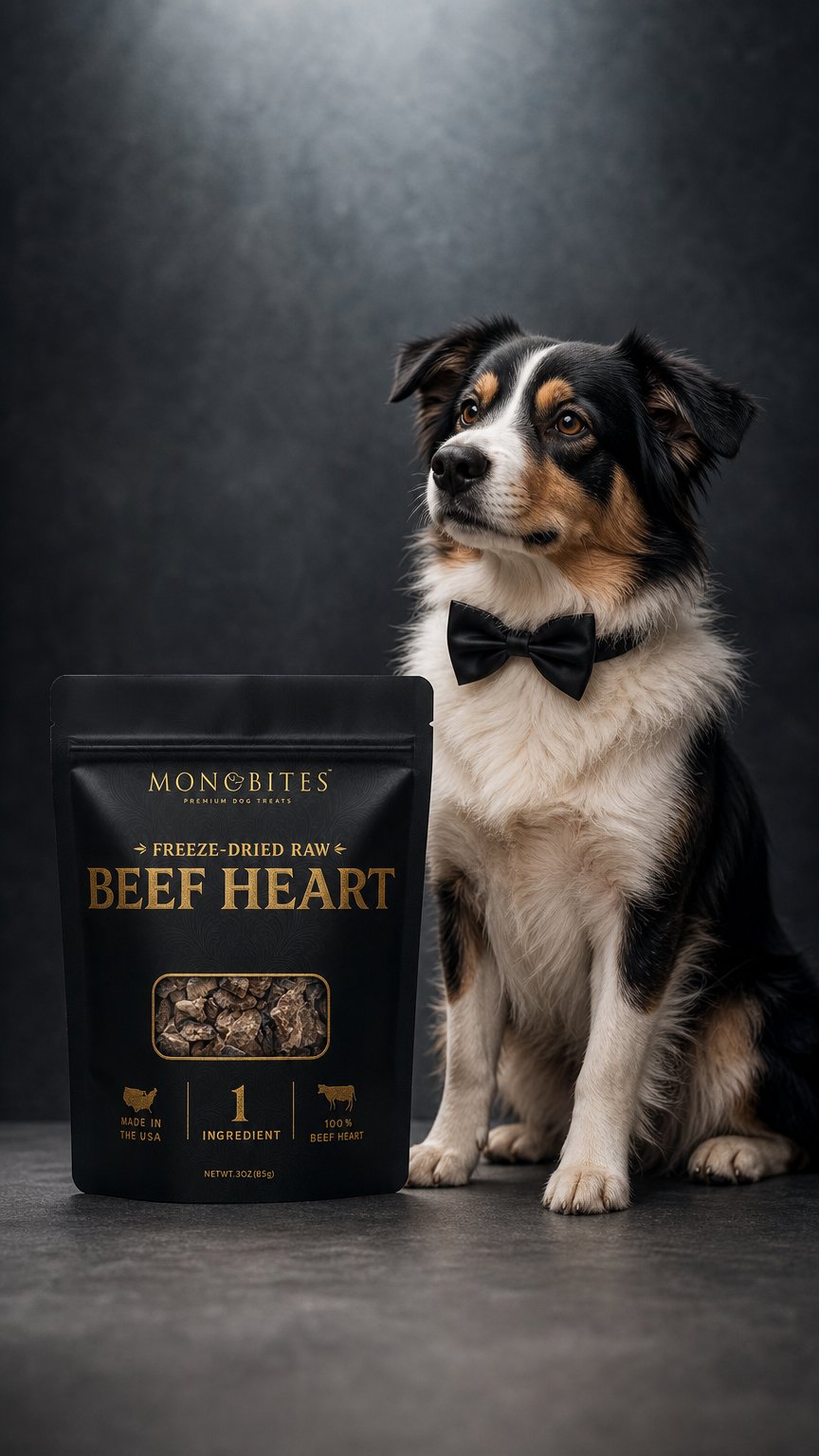 AI product shot of MonoBites Premium Freeze-Dried Beef Heart