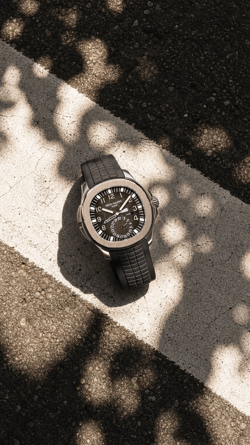 AI product shot of Patek Philippe Aquanaut Travel Time Ref. 5164A-001.