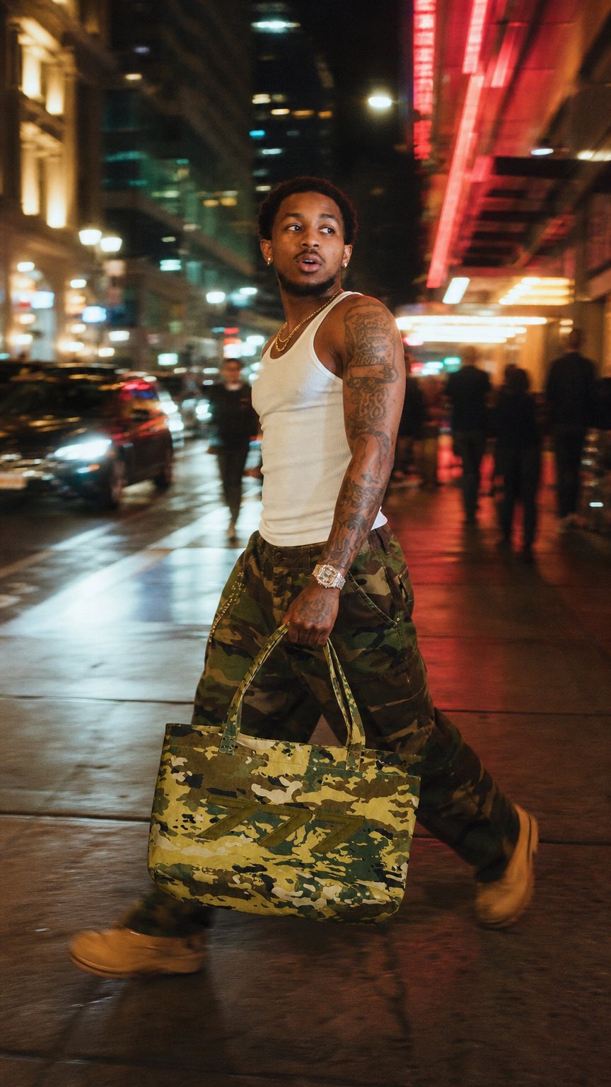 AI product shot of Camo duffle Bag