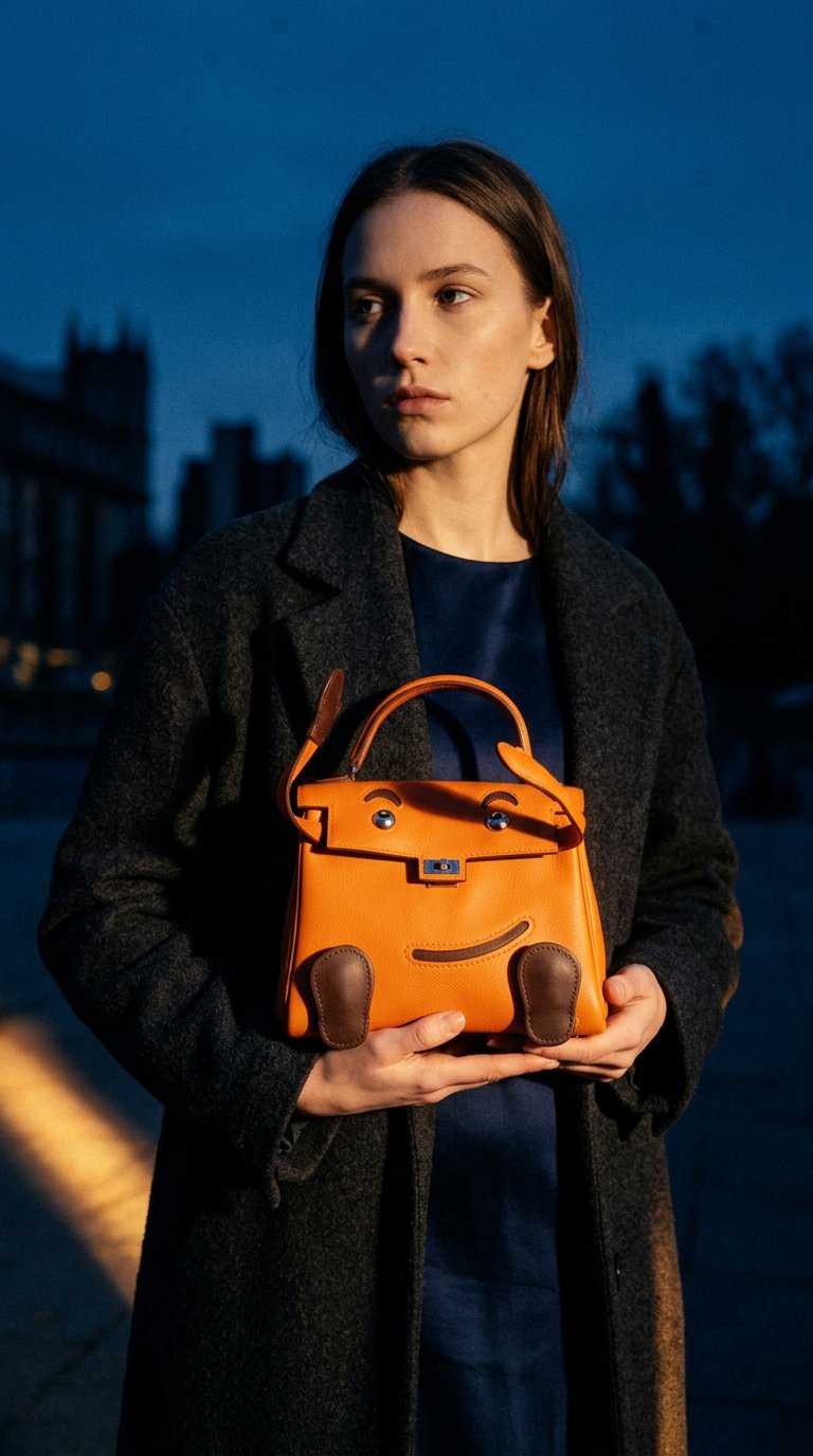 AI product shot of Hermès Kelly Doll Quelle Idole Orange H Gulliver Palladium Hardware