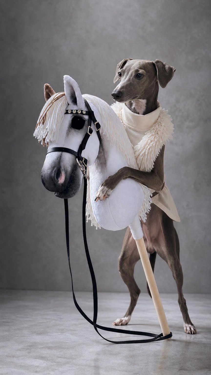 AI product shot of Official HappyHobbyhorses model: White hobbyhorse with different colour ears. True artesan product of finnish hobbyhorse whisperer, Jenny S