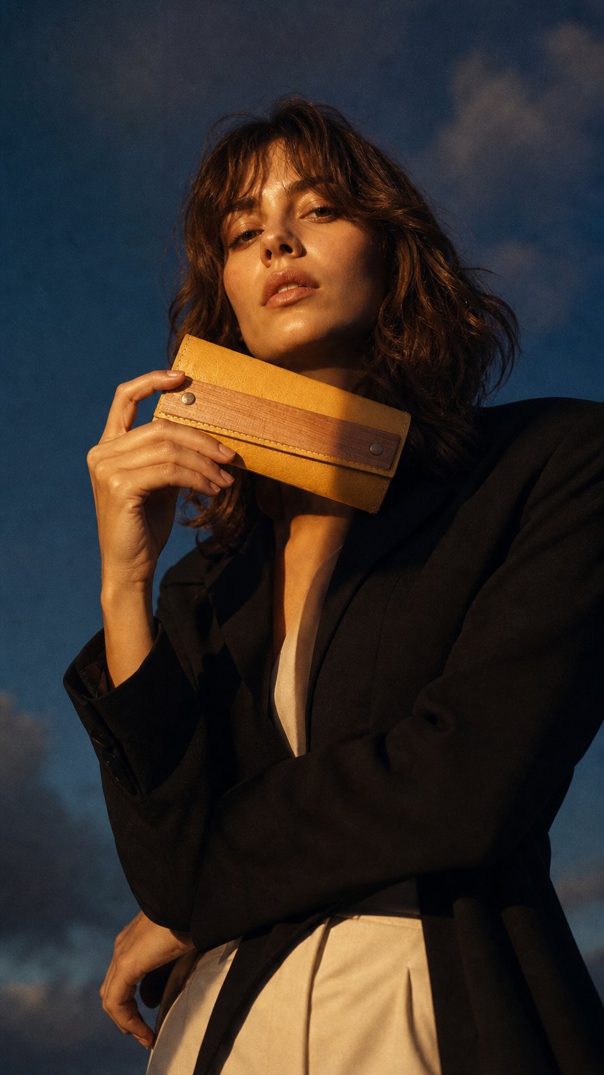 AI product shot of ESLO Yellow Leather Glasses Case LIMITED