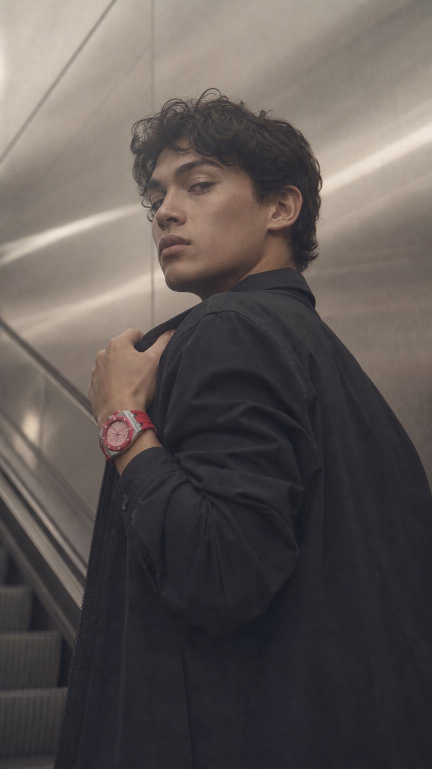 AI product shot of Red Steel Case & Rubber Strap — for AP × Swatch Royal Pop (Crown at 12)