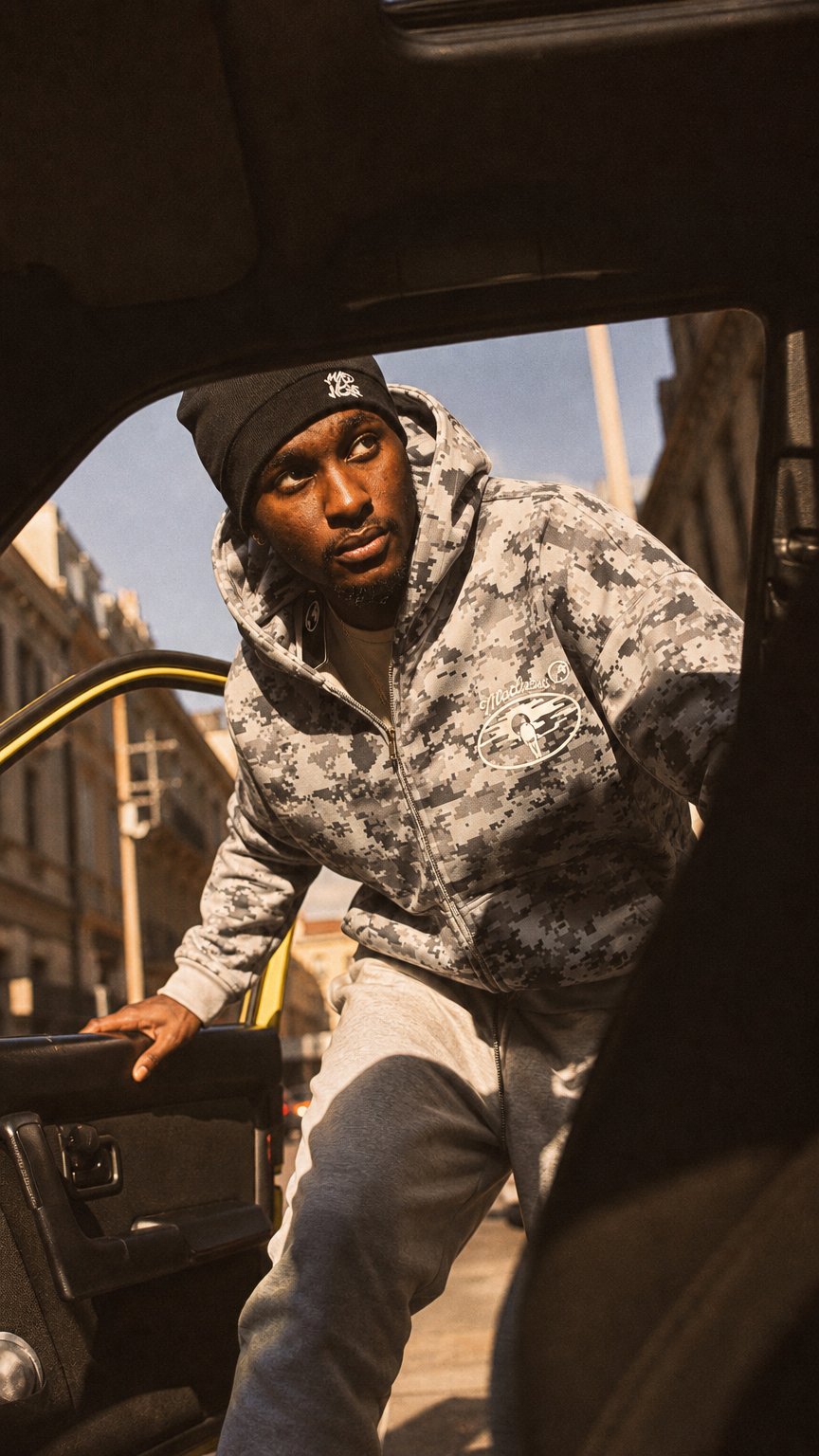 AI product shot of Camo Hood (Light Grey)