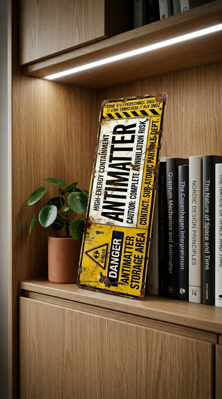 AI product shot of Antimatter Storage Area Danger High-Energy Containment Metal Sign