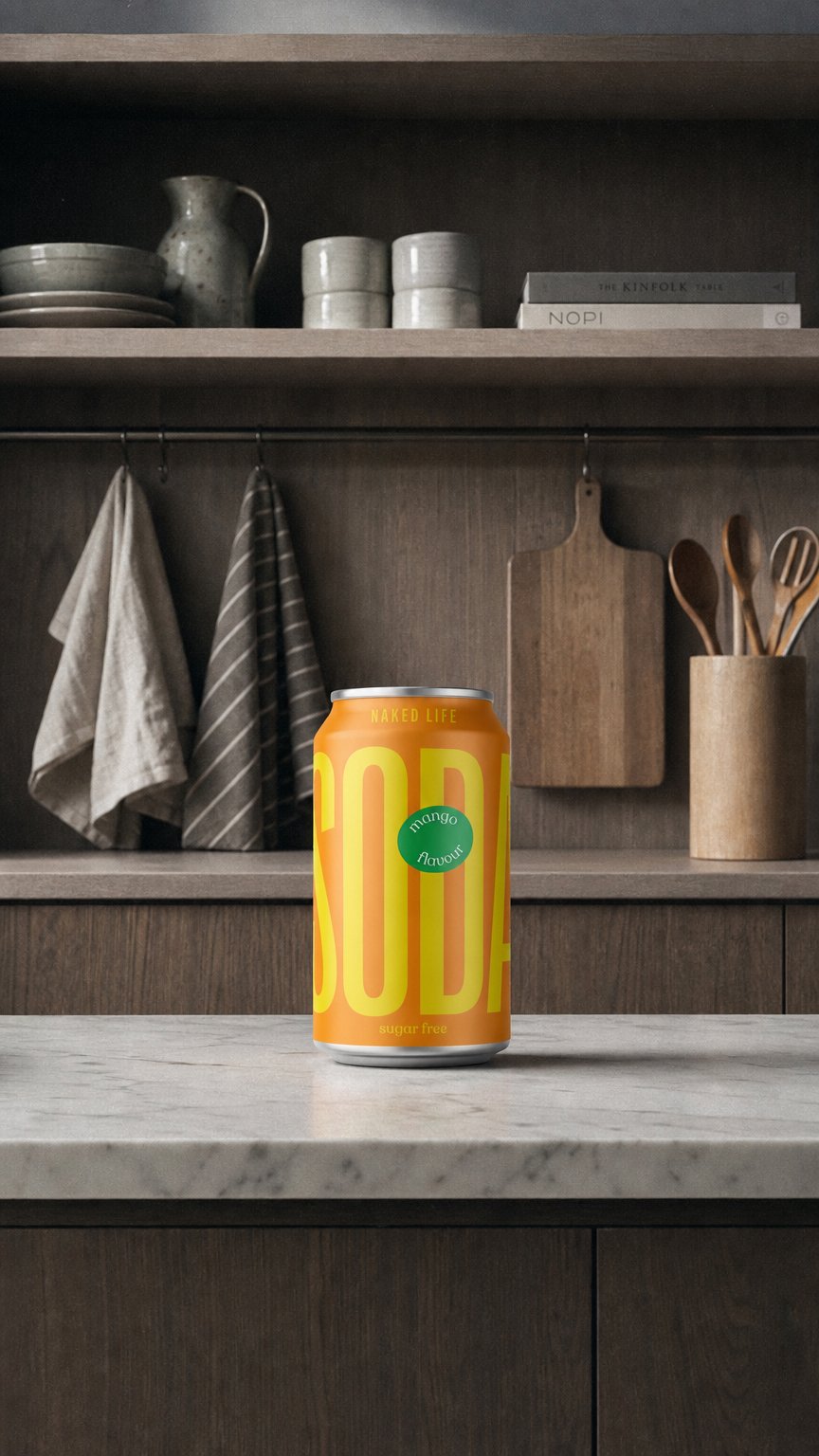 AI product shot of Sugar Free Mango Soda 12 x 330ml Cans Naked Life