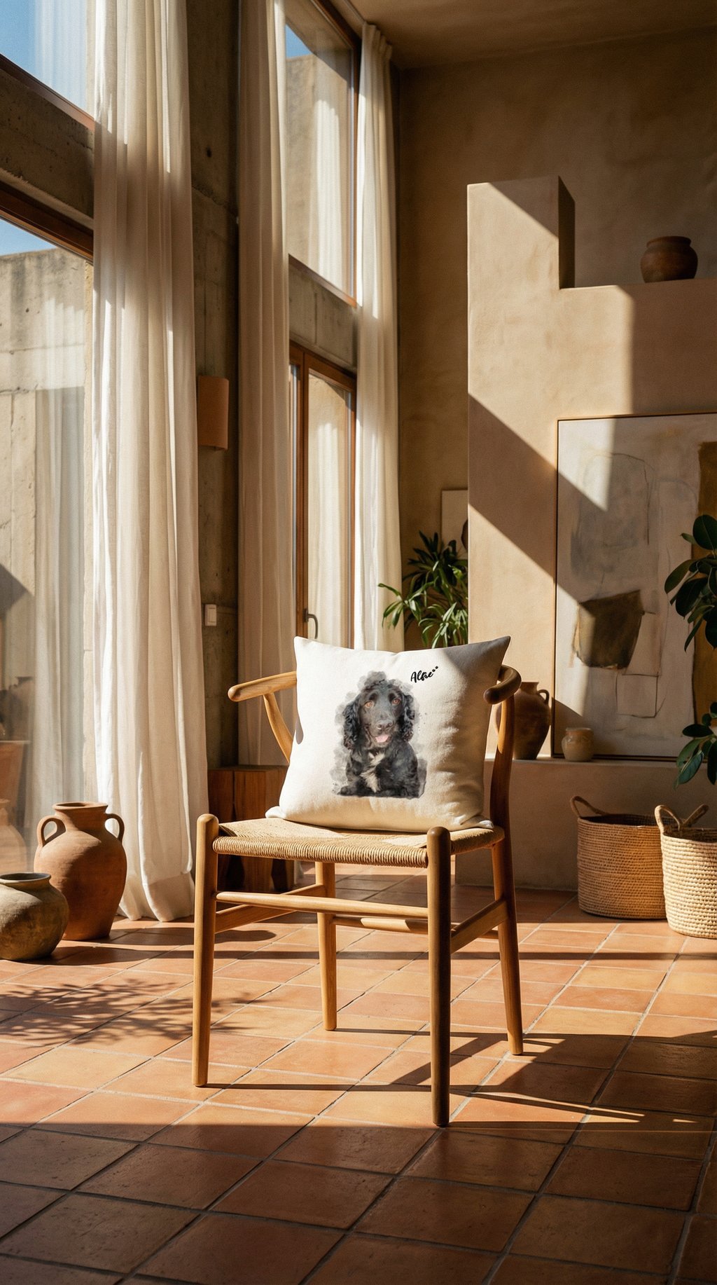 AI product shot of Custom Pet Pillow – Personalised Watercolour Dog Portrait from Photo