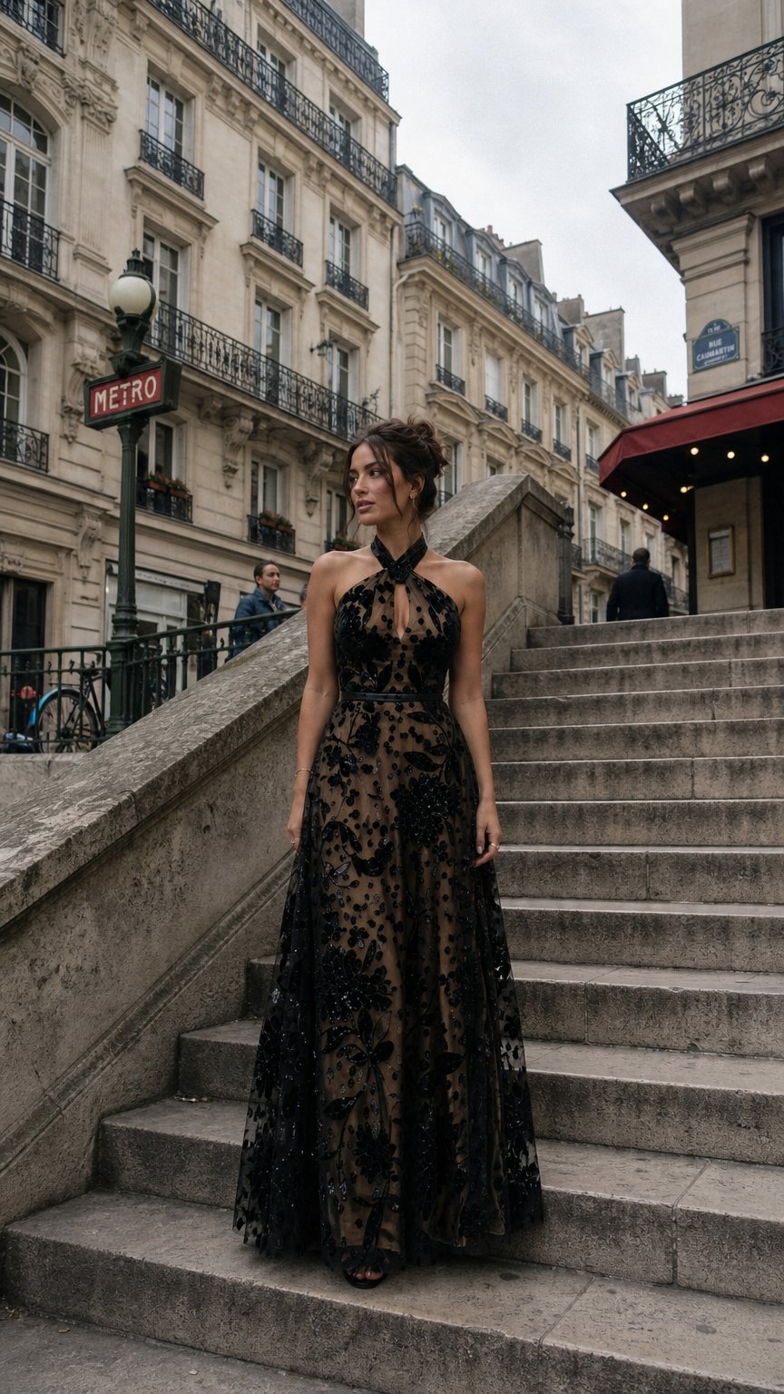 AI product shot of NOIRÉA | Black Sequin Lace Halter A-Line Maxi Gown