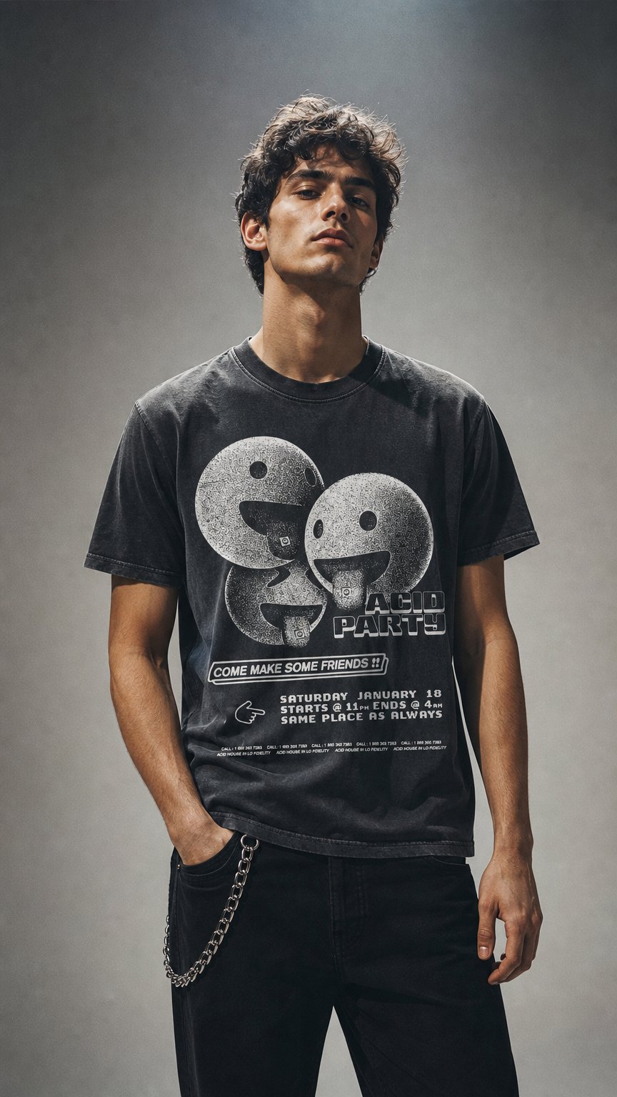AI product shot of Acid Party Heavyweight Black T-Shirt