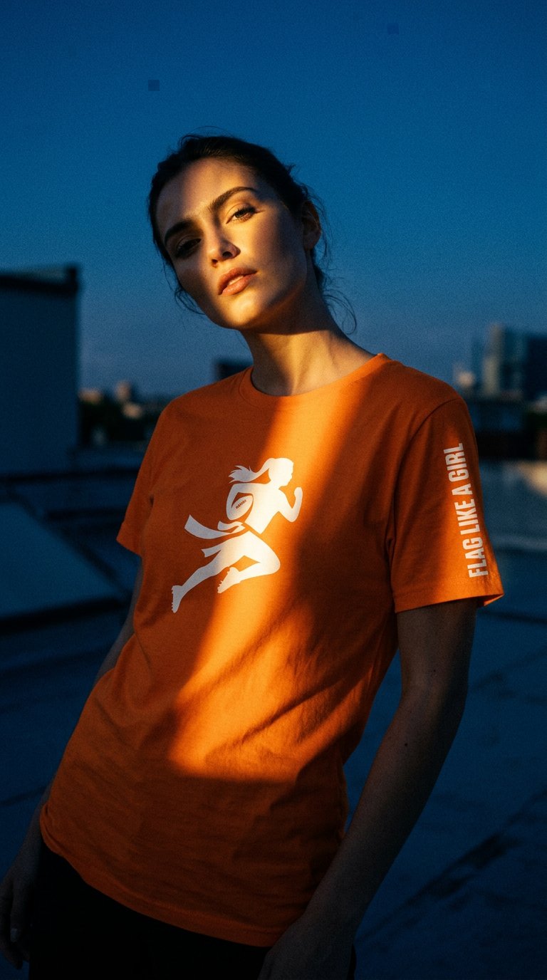 AI product shot of Flag Like A Girl Womens Short Sleeve T-Shirt (Orange)