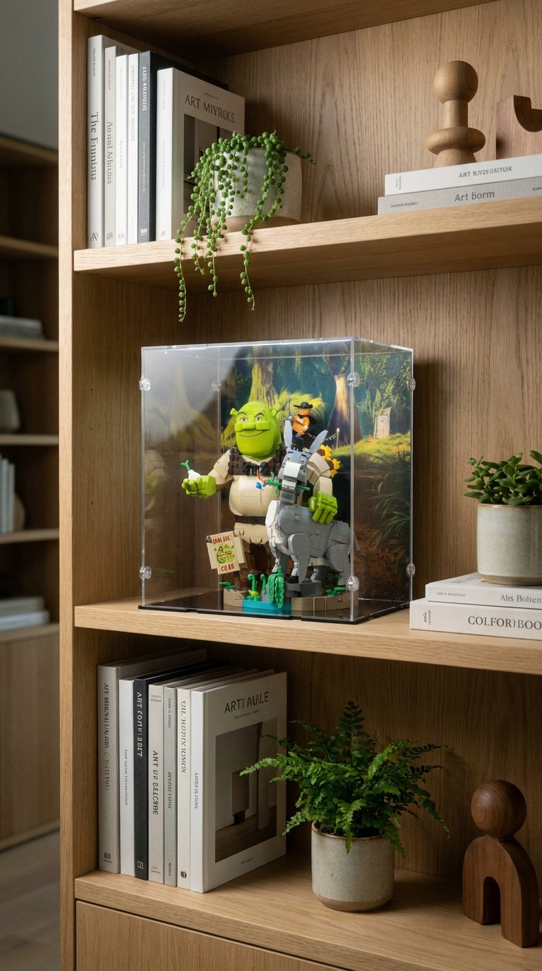 AI product shot of Shrek, Donkey & Puss in Boots Display Case for LEGO 72423