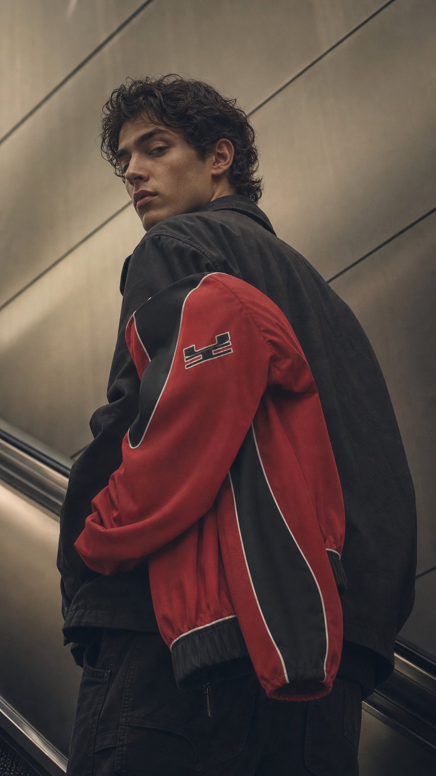 AI product shot of REMIT RED NYLON JACKET